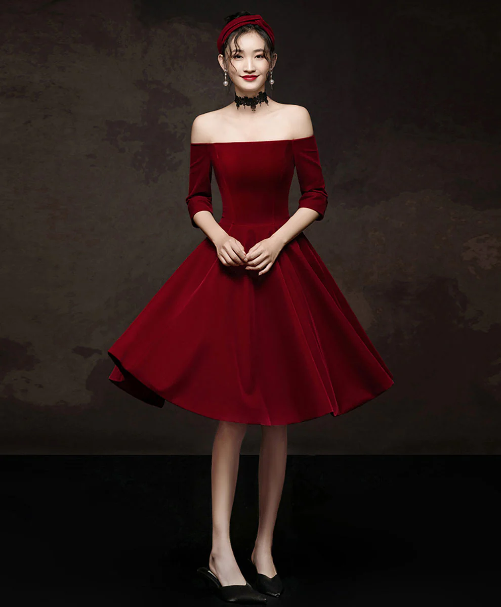 Simple Burgundy Short Prom Dress, Velvet Burgundy Homecoming Dress - Deanwangkt