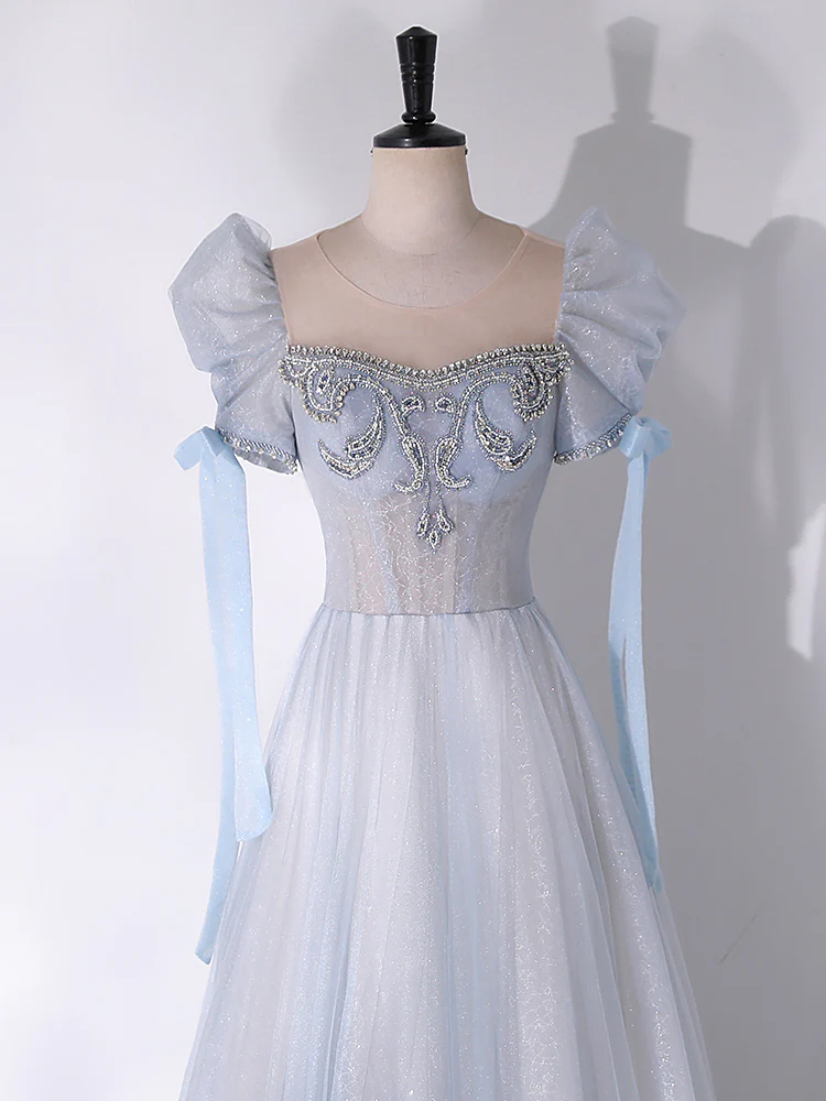 A-Line Scoop Neckline Tulle Light Blue Long Prom Dress with Beads - Deanwangkt