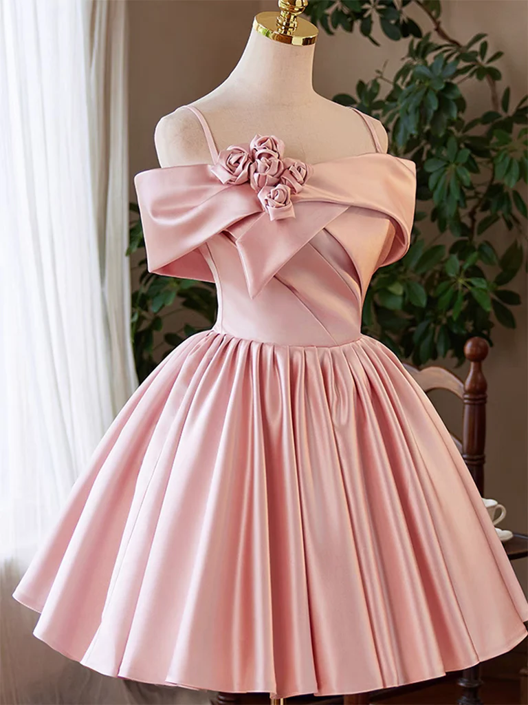 A-line Off Shoulder Satin Pink Short Prom Dress, Pink Homecoming dress - Deanwangkt