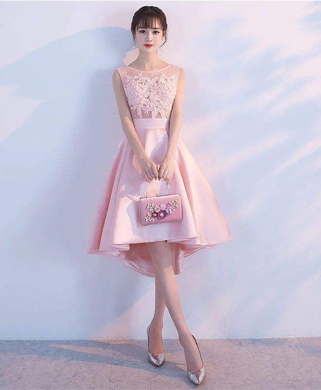 Pink Lace Short Prom Dress, High Low Evening Dress - Deanwangkt