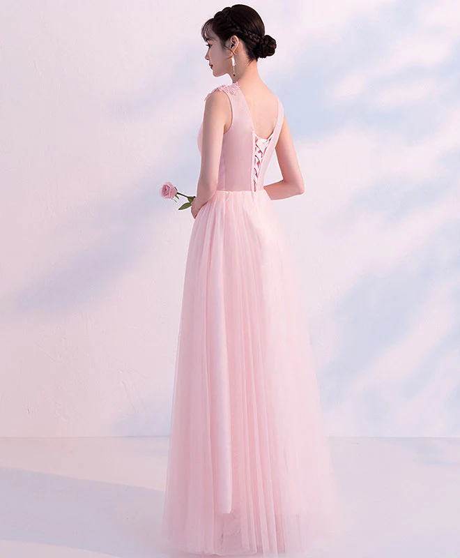 Pink V Neck Tulle Long Prom Dress, Pink Tulle Bridesmaid Dress - Deanwangkt