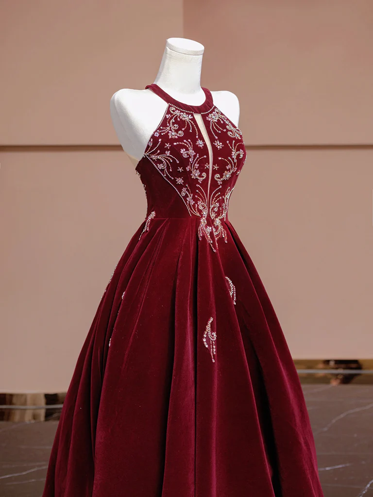 A-Line Velvet Beads Sequin Burgundy Long Prom Dress, Burgundy Long Formal Dress - Deanwangkt