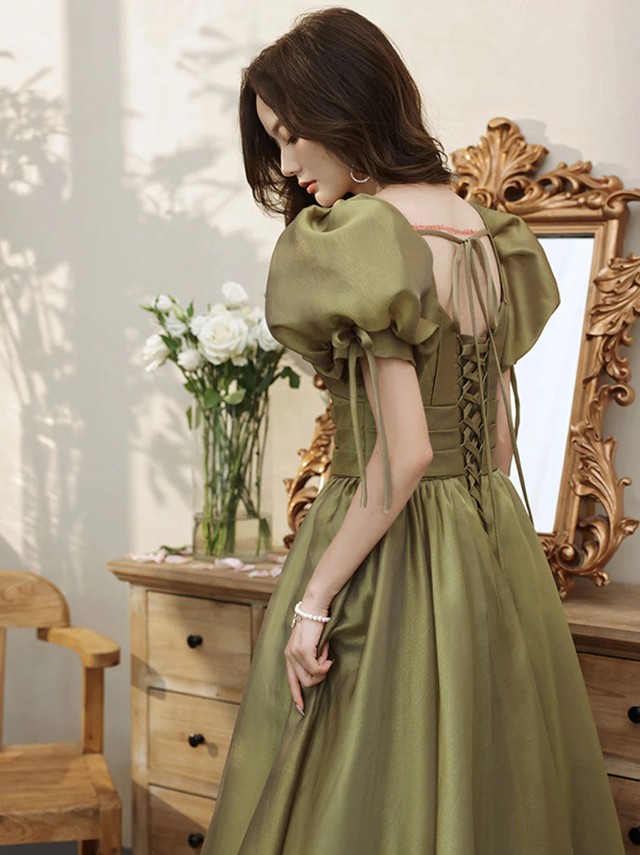 Simple Green V Neck Tulle Long Prom Dress, Green Evening Dresses - Deanwangkt