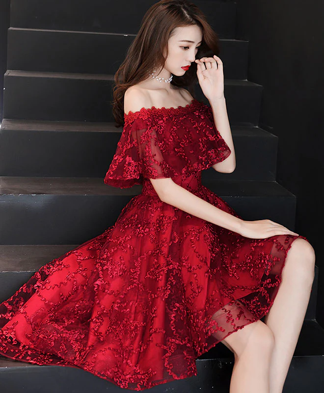 Burgundy Tulle Lace Short Prom Dress Burgundy Homecoming Dress - Deanwangkt