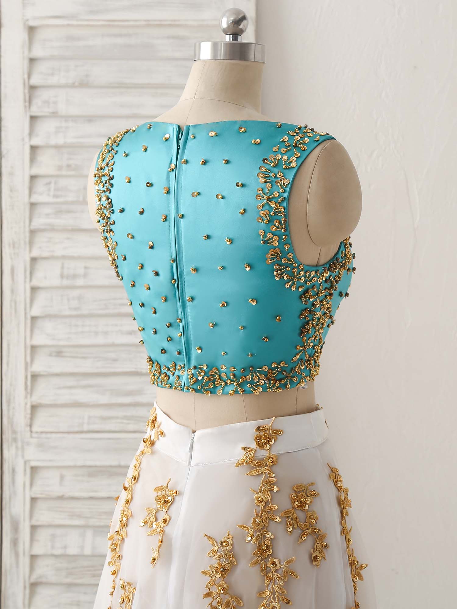 Unique Two Pieces Beads Lace Applique Long Prom Dress, Green Evening Dress - Deanwangkt