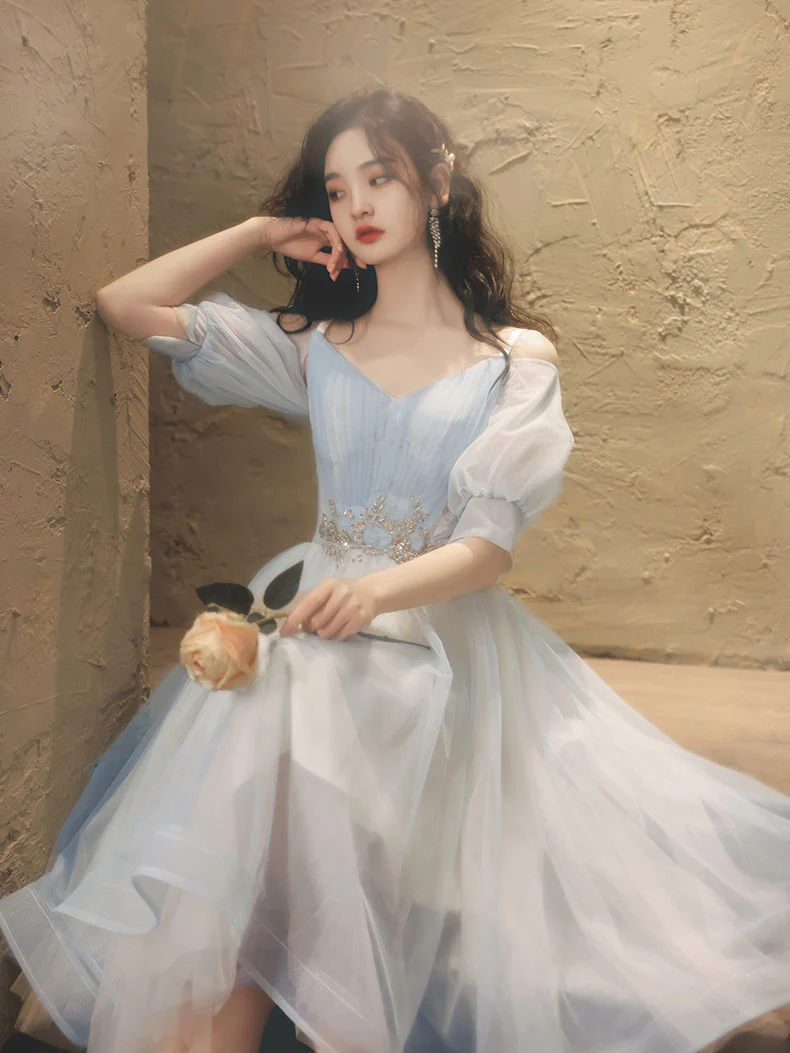 Blue A-line Tulle Lace Short Prom Dress, Blue Homecoming Dress - Deanwangkt