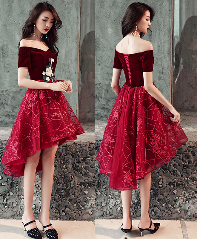 Burgundy Tulle Applique Short Prom Dress, Homecoming Dress - Deanwangkt