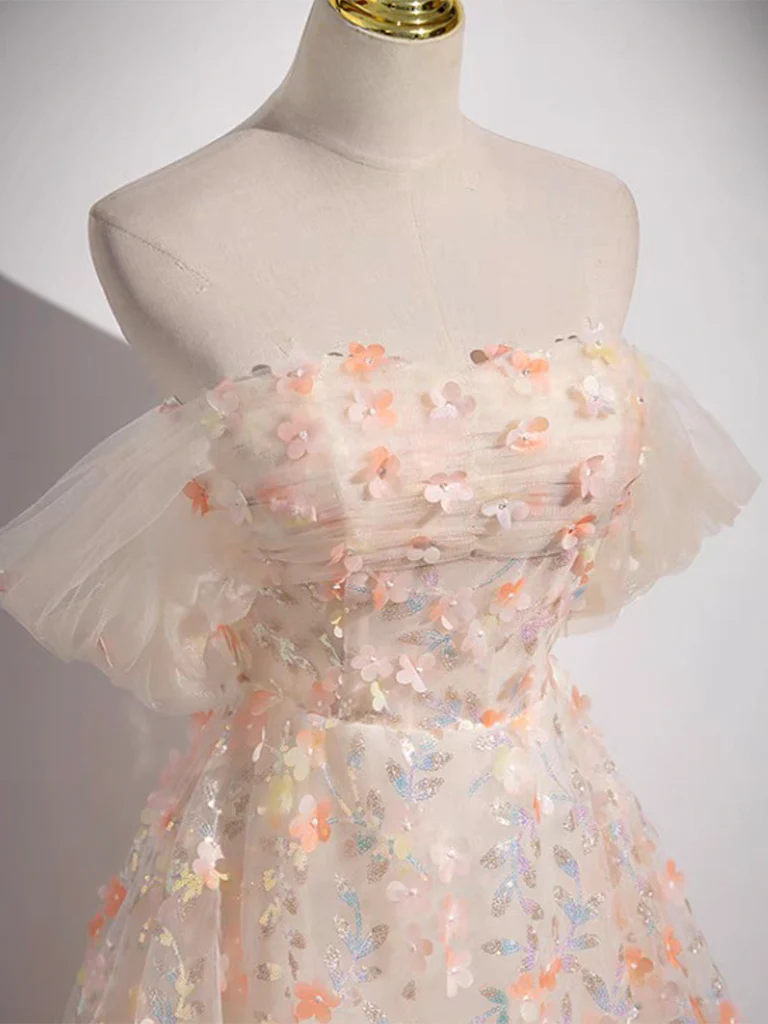 A-Line Off Shoulder Tulle Lace Champagne Long Prom Dress, Champagne Formal Dress - Deanwangkt