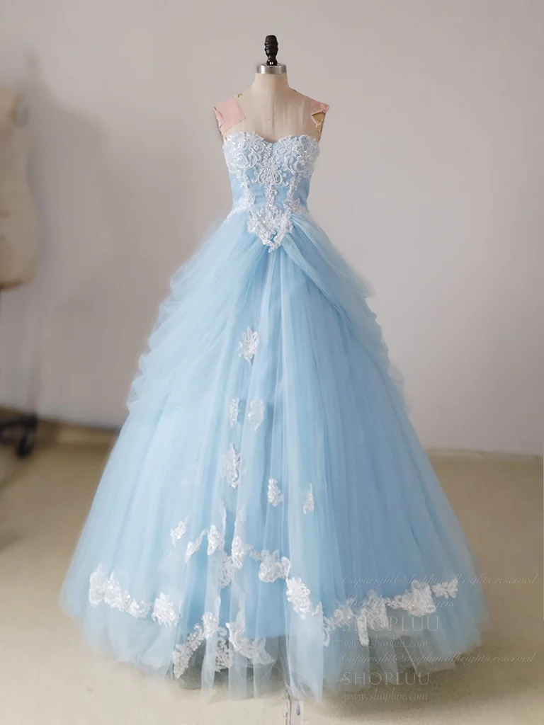 A-Line Sweetheart Neck Lace Blue Long Prom Dress, Blue Long Sweet 16 Dress - Deanwangkt
