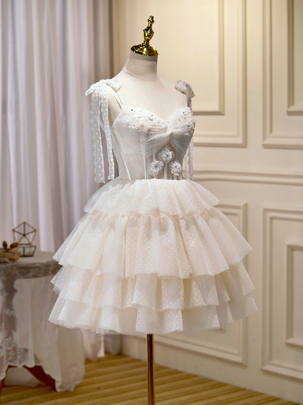 Champagne Mini/Short Prom Dress, Puffy Cute Homecoming Dress With Lace - Deanwangkt