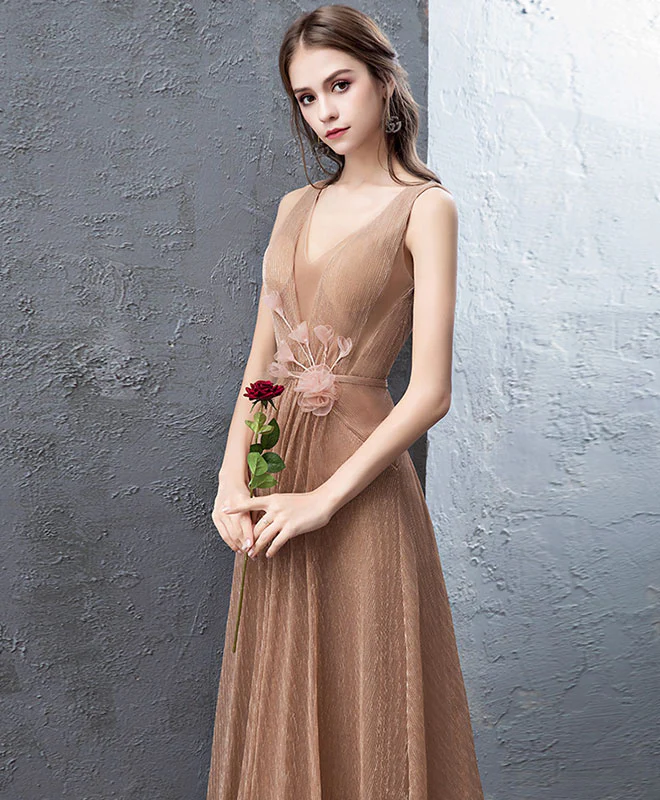 Unique Gold V Neck Tulle Long Prom Dress, Gold Tulle Evening Dress - Deanwangkt