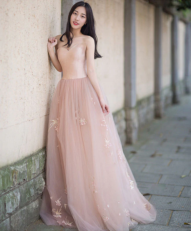 Simple Pink Tulle Long Prom Dress, Pink Tulle Formal Dress - Deanwangkt