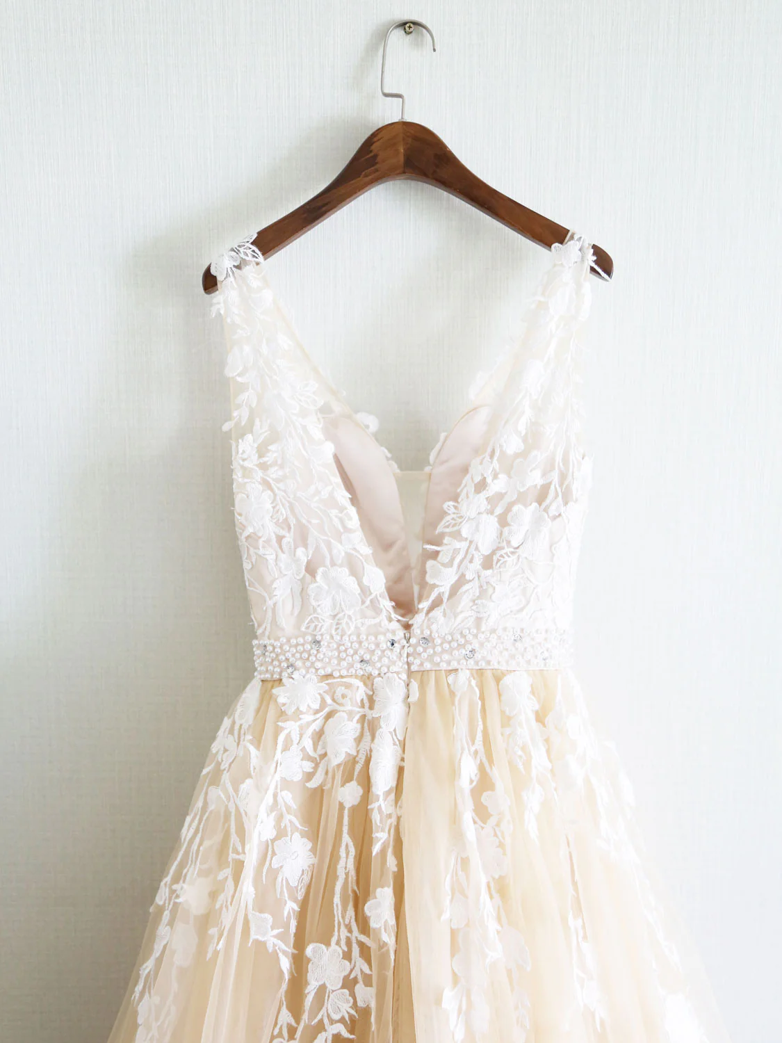 Champagne V Neck Tulle Lace Applique Long Prom Dress, Evening Dress - Deanwangkt