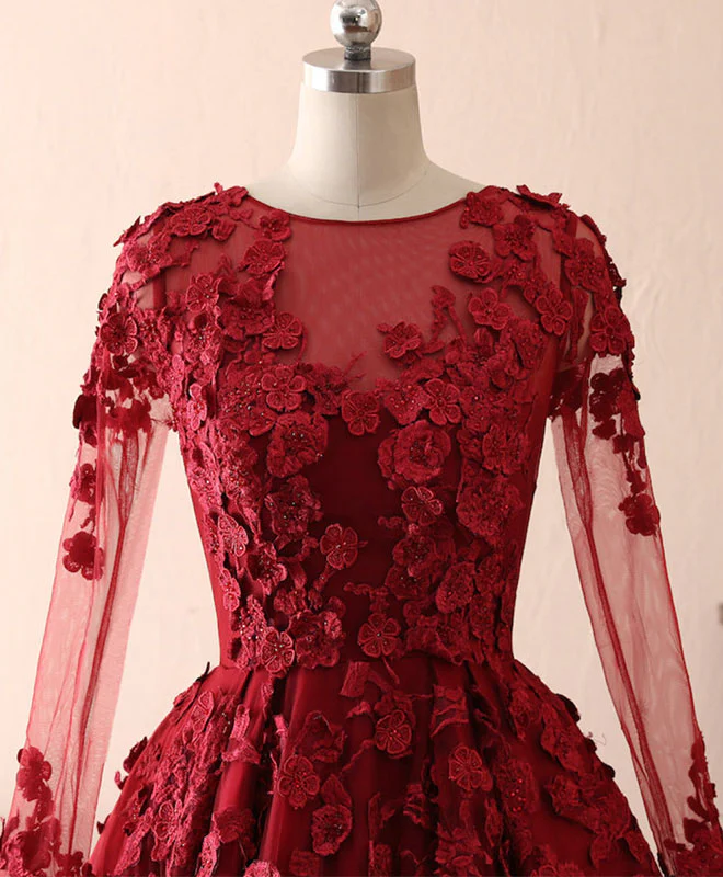 Burgundy Lace Satin Long Prom Dress, Burgundy Lace Evening Dress - Deanwangkt