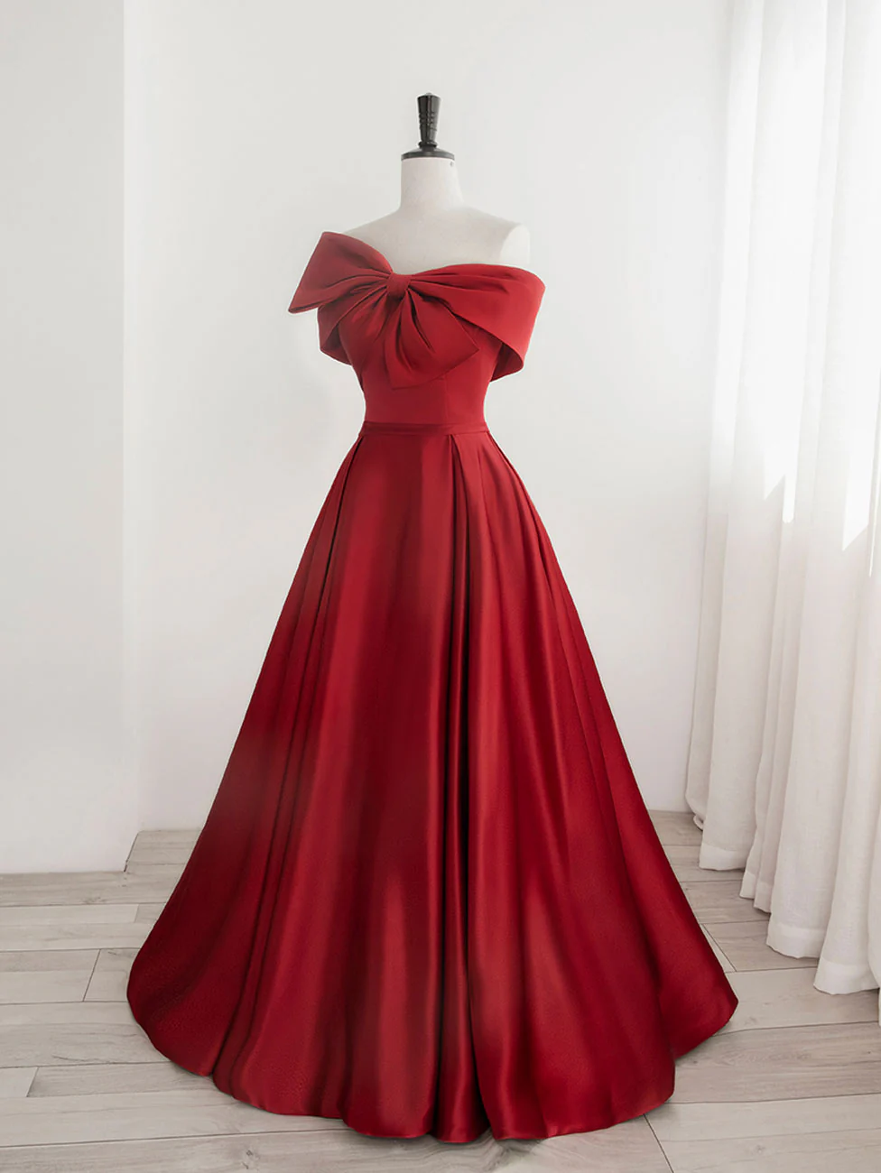 A-Line Satin Red Long Prom Dresses, Red Long Formal Dresses - Deanwangkt
