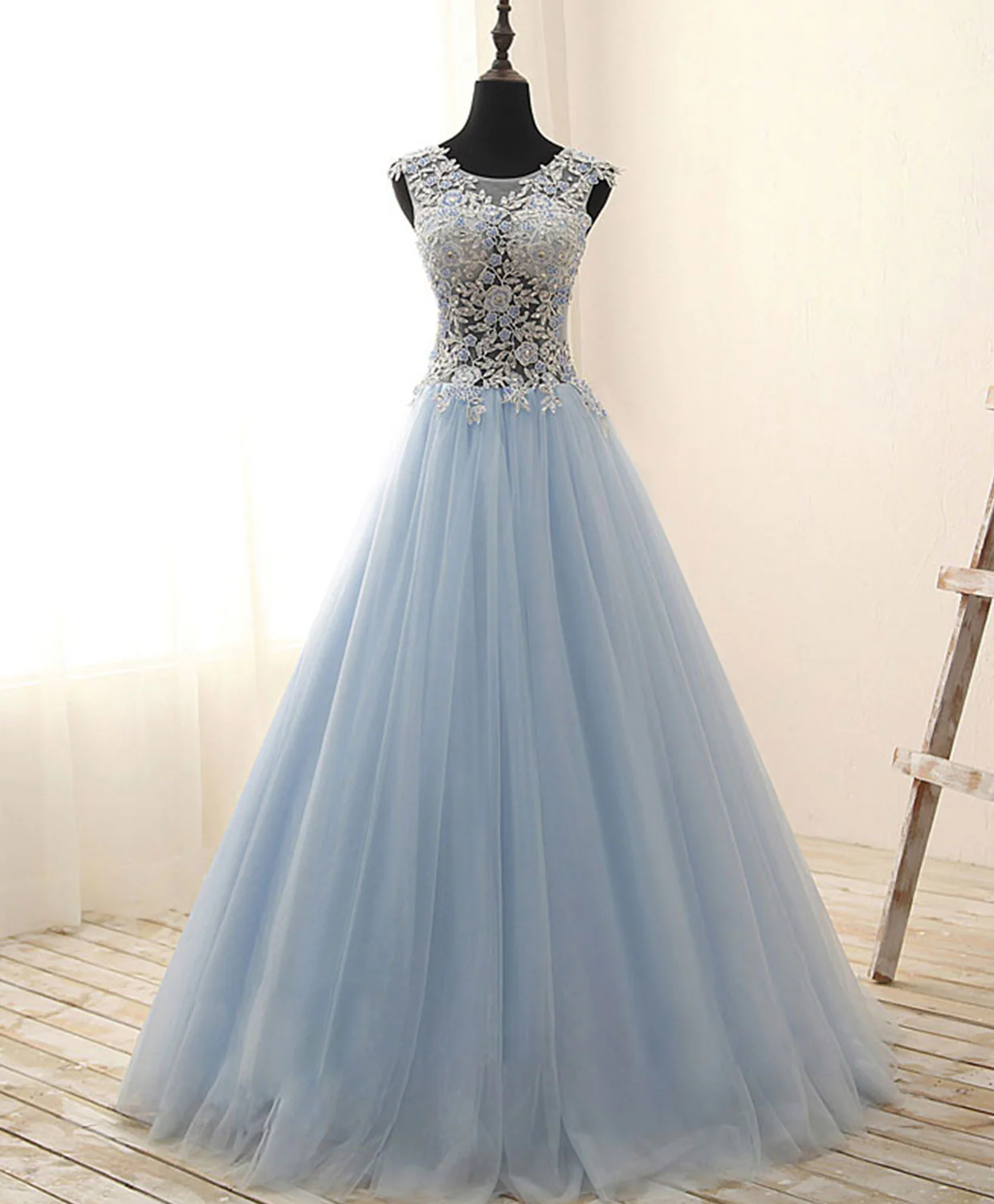 Unique Round Neck Tulle Lace Long Prom Dress, Long Evening Dress - Deanwangkt