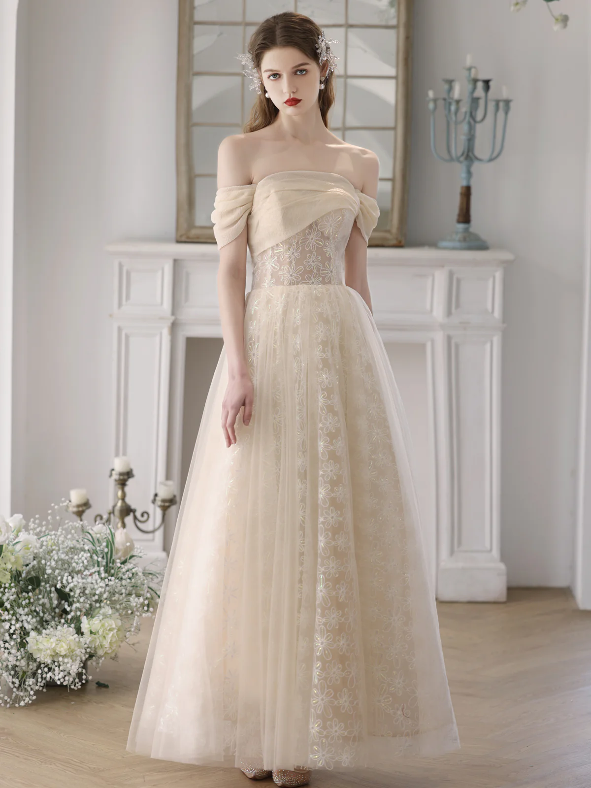 Champagne A-Line Tulle Lace Long Prom Dress, Champagne Formal Dress - Deanwangkt