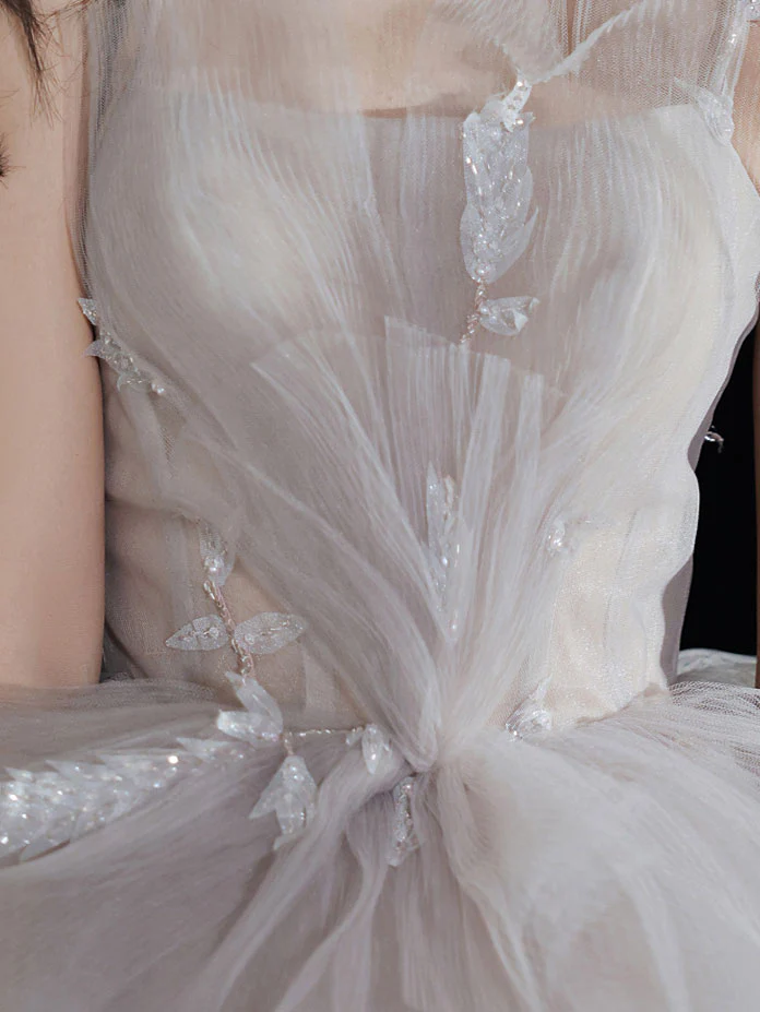 Light Gray Tulle Lace Long Prom Dress, Tulle Lace Formal Dress - Deanwangkt