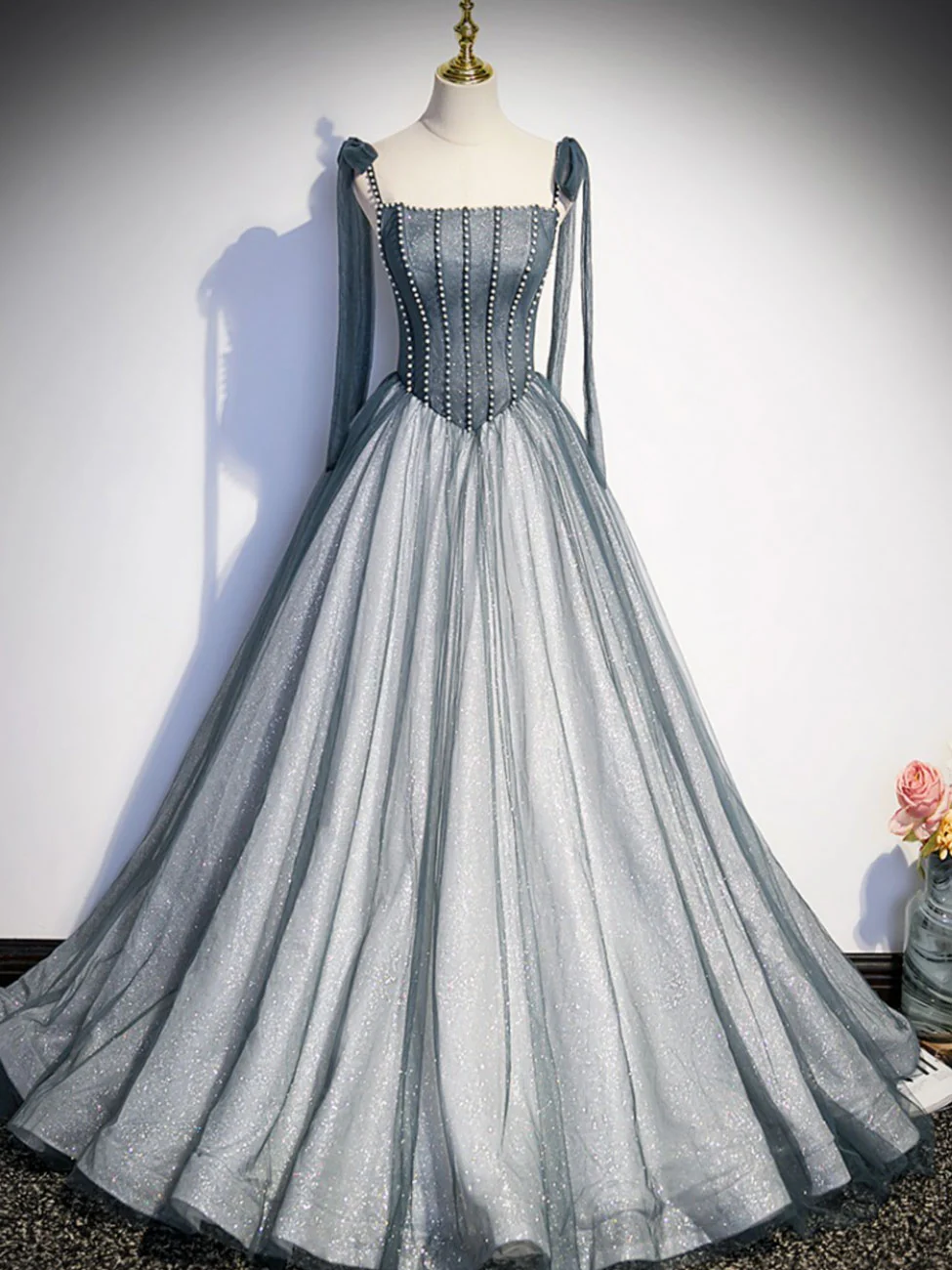 A Line Gray Long Prom Dresses, Tulle Gray Formal Graduation Dress with Beading - Deanwangkt