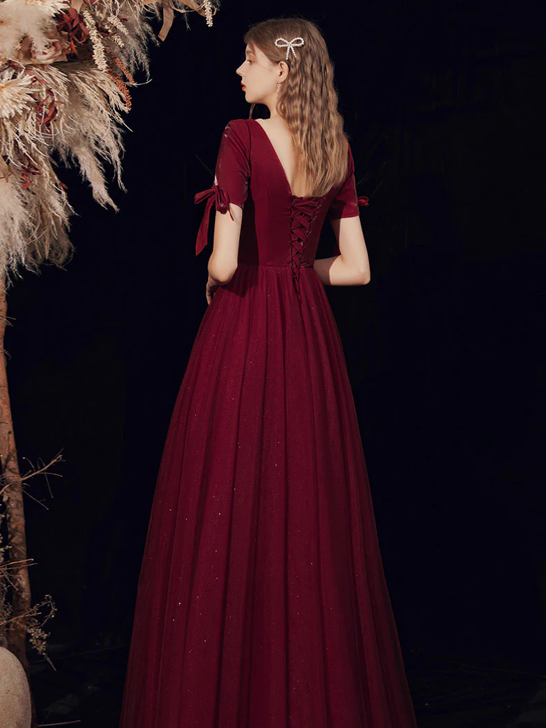 Burgundy A-line V Neck Tulle Long Prom Dress Burgundy Evening Dress - Deanwangkt