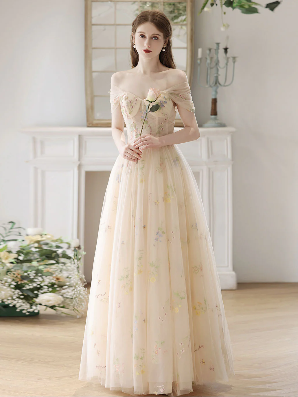 A-Line Sweetheart Neck Tulle Lace Champagne Long Prom Dress, Lace Formal Dress - Deanwangkt