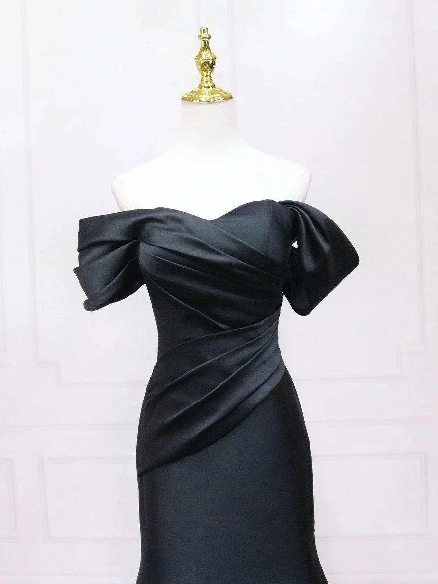 Mermaid Off Shoulder Satin Black Long Prom Dress, Black Long Formal Dress - Deanwangkt