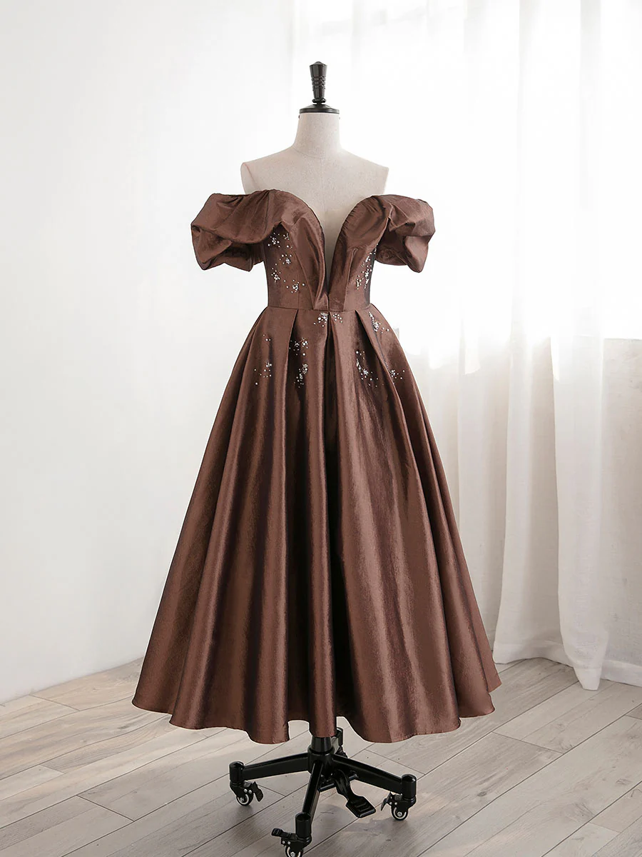 A-Line Tea length Brown Prom dresses, Off Shoulder Brown Formal Dress with Beading - Deanwangkt