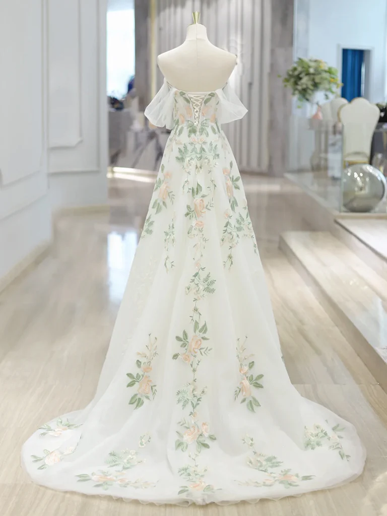A-Line Off Shoulder ivory Tulle Lace Applique Long Prom Dress, ivory Formal Dress - Deanwangkt