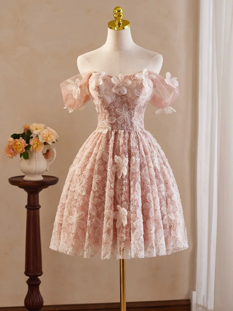A-Line Off Shoulder Tulle Lace Pink Short Prom Dress, Pink Homecoming Dress - Deanwangkt