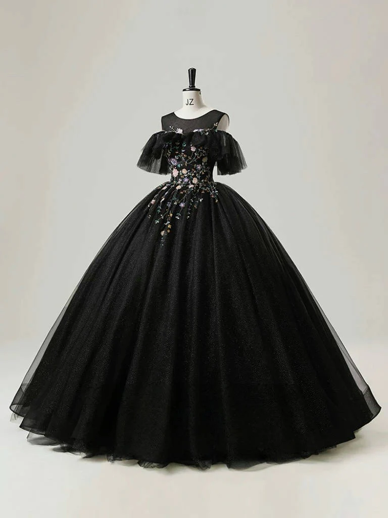 A-Line Round Neck Tulle Lace Black Long Prom Dress, Black Long Sweet 16 Dress - Deanwangkt