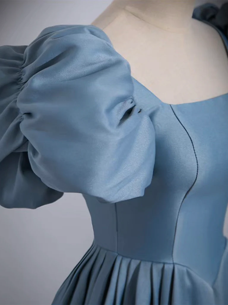 A-Line Puff Sleeves Satin Blue Long Prom Dress, Blue Long Formal Dress - Deanwangkt