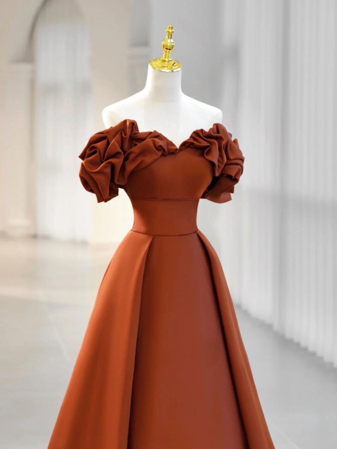 A-Line Off Shoulder Satin Orange Long Prom Dress, Orange Formal Evening Dress - Deanwangkt