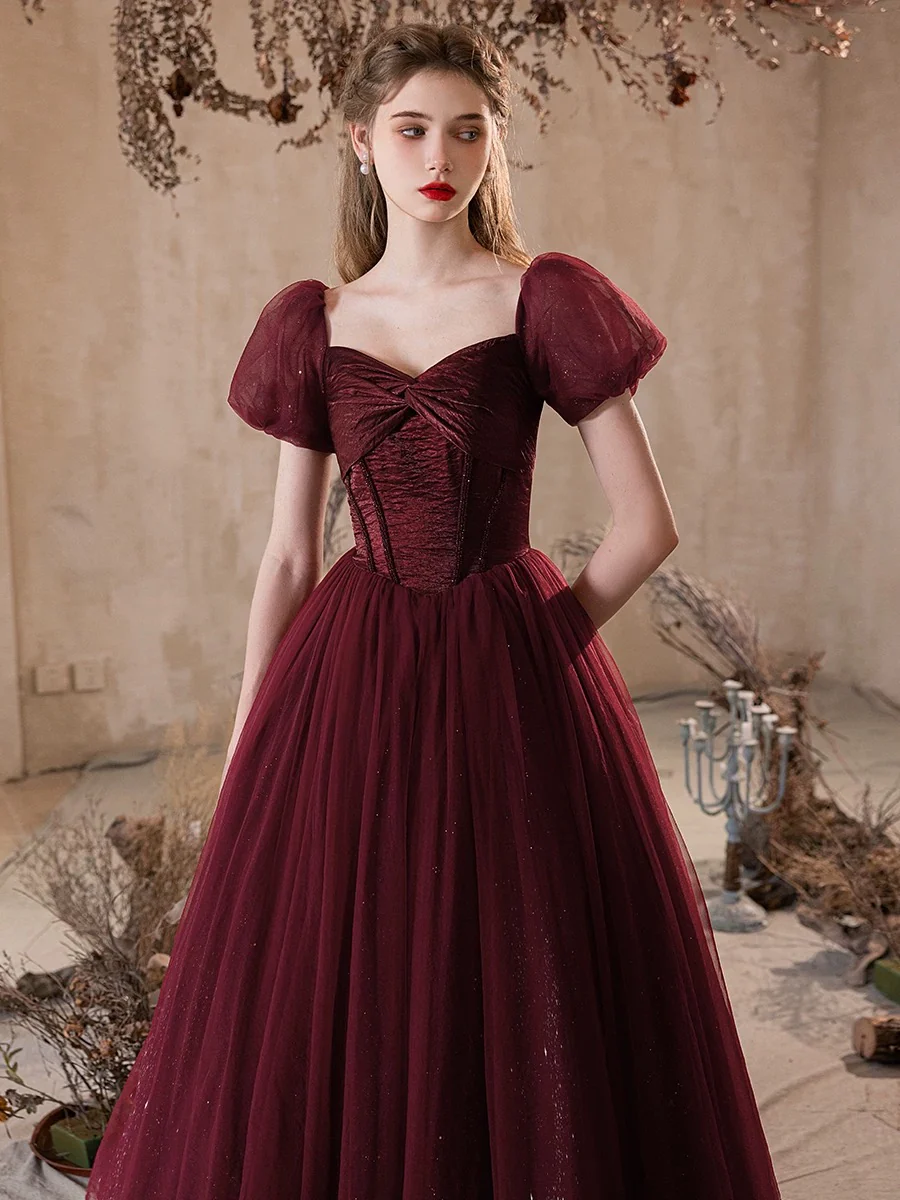 A-Line Puff Sleeves Tulle Burgundy Long Prom Dress, Burgundy Long Formal Dress - Deanwangkt