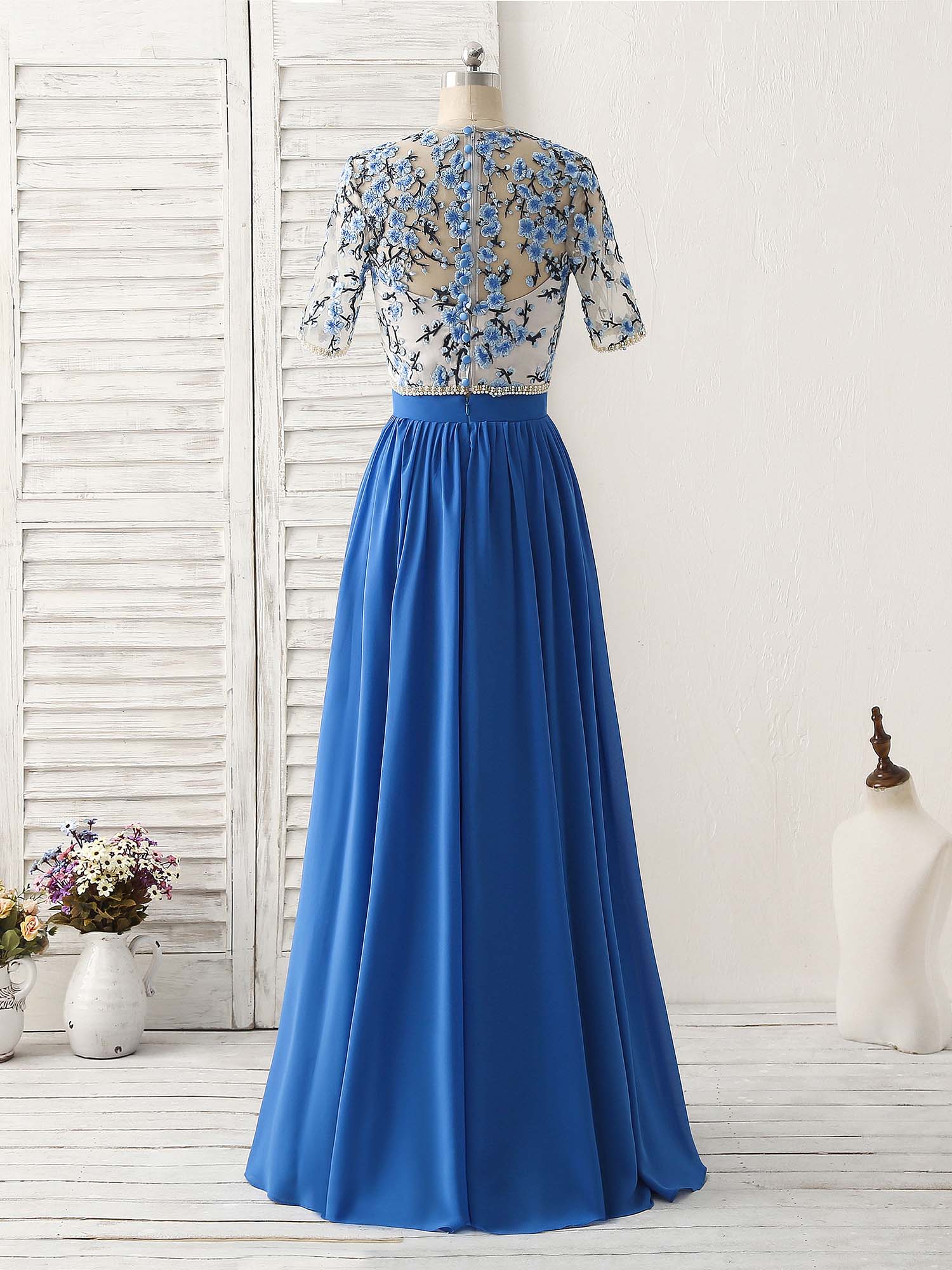 Unique Blue Two Pieces Long Prom Dress Applique Formal Dress - Deanwangkt