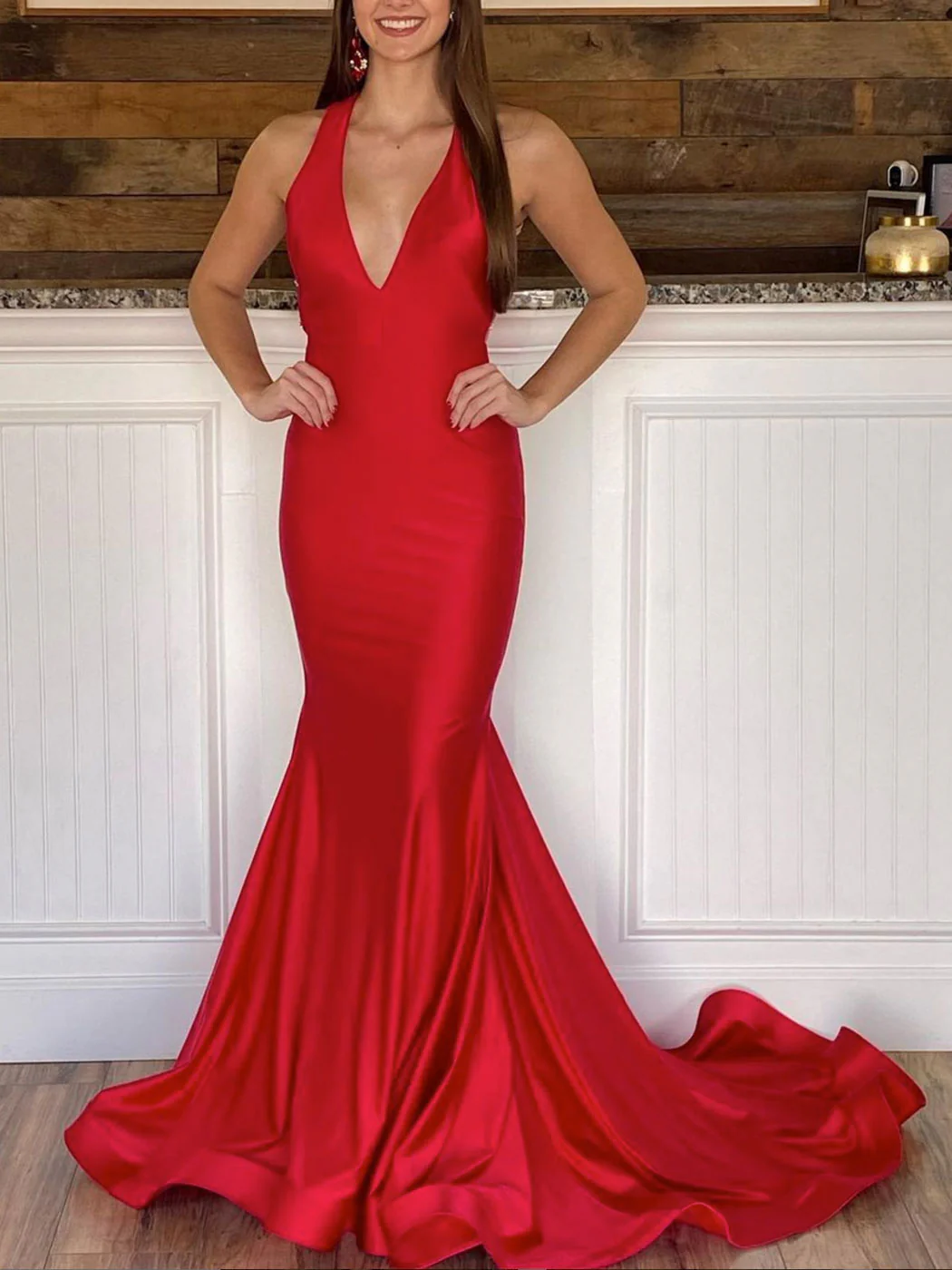 Simple Red V Neck Satin Long Prom Dress. Red Backless Evening Dress - Deanwangkt