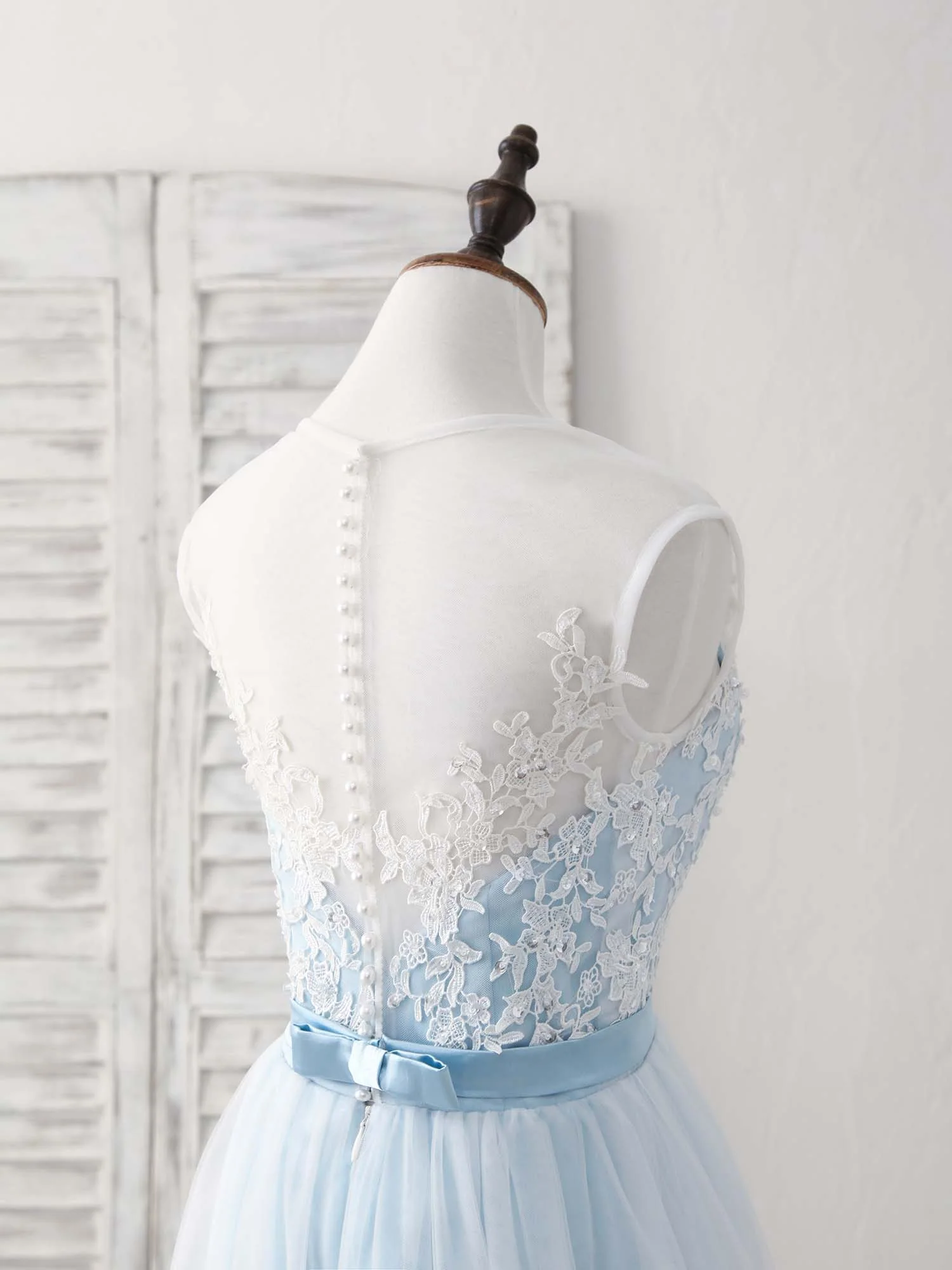 Blue Round Neck Tulle Lace Applique Long Prom Dresses - Deanwangkt