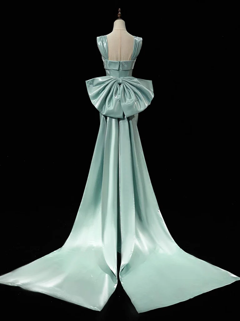 Simple hydra Satin Bow Tie Green Long Prom Dress, Green Long Formal Dress - Deanwangkt