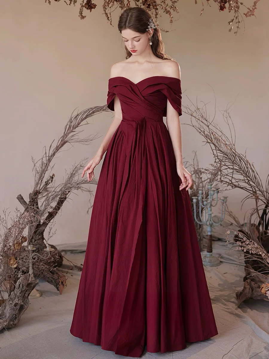 A-Line Off Shoulder Satin Burgundy Long Prom Dress, Burgundy Long Formal Dress - Deanwangkt