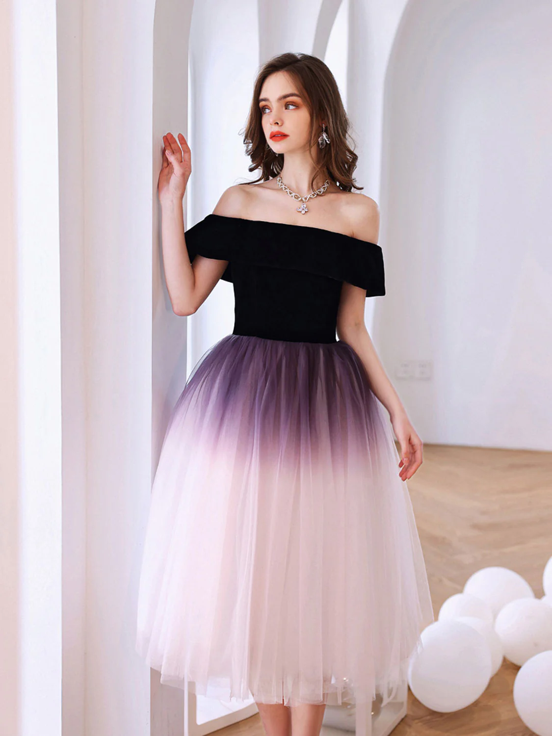 Purple Off Shoulder Tulle Short Puffy Prom Dresses, Puffy Purple Homecoming Dresses - Deanwangkt
