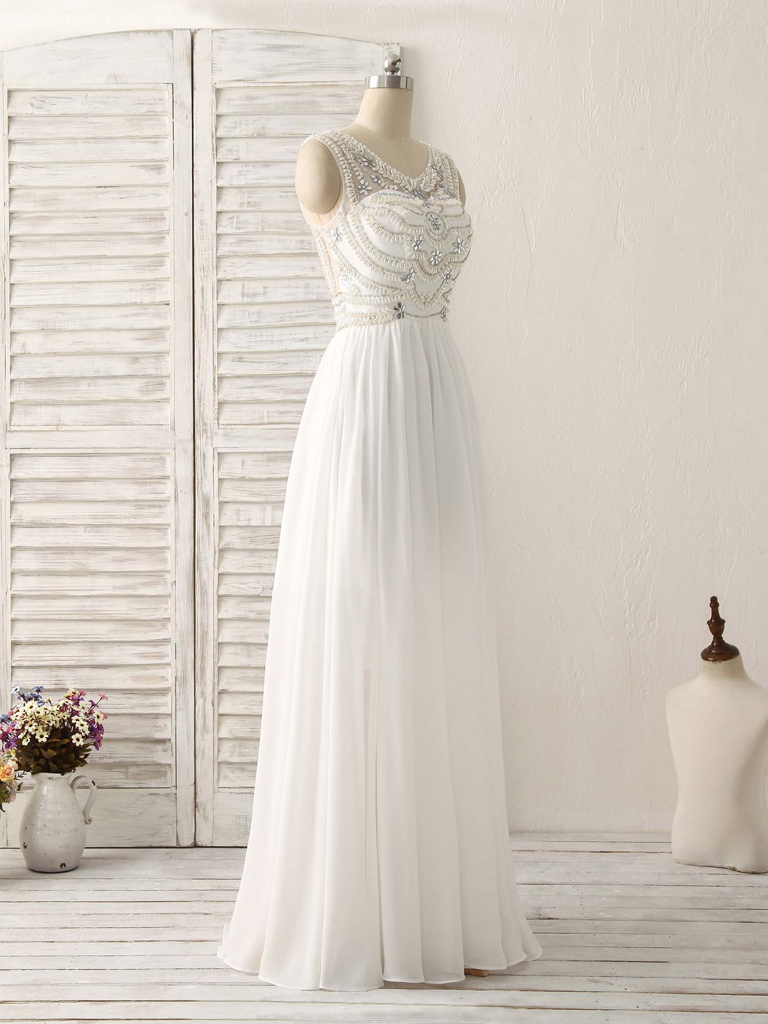 White V Neck Chiffon Long Prom Dresses, White Long Evening Dresses - Deanwangkt