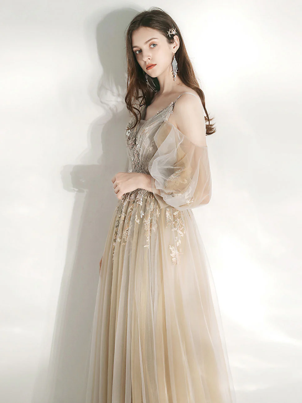 Champagne A Line Tulle lace long Prom Dress, Champagne Graduation Dresses - Deanwangkt