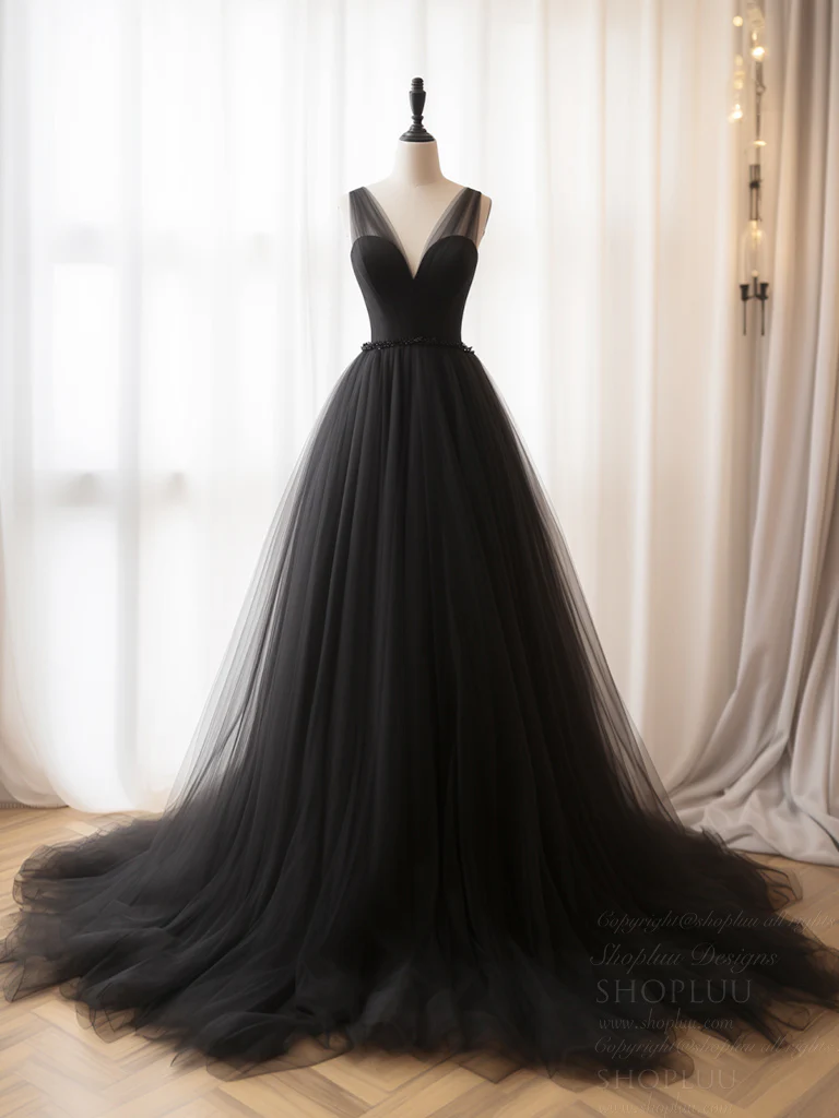 A- Line V Neck Tulle Black Long Prom Dress, Black Tulle Formal Dress - Deanwangkt