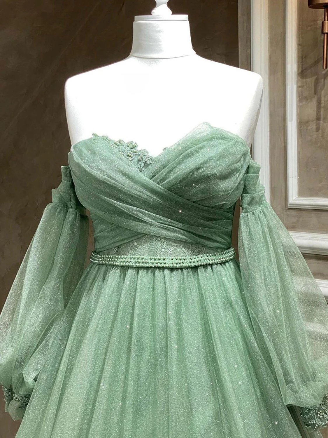 A-Line Sweetheart Neck Tulle Green Long Prom Dress, Green Formal Evening Dress - Deanwangkt