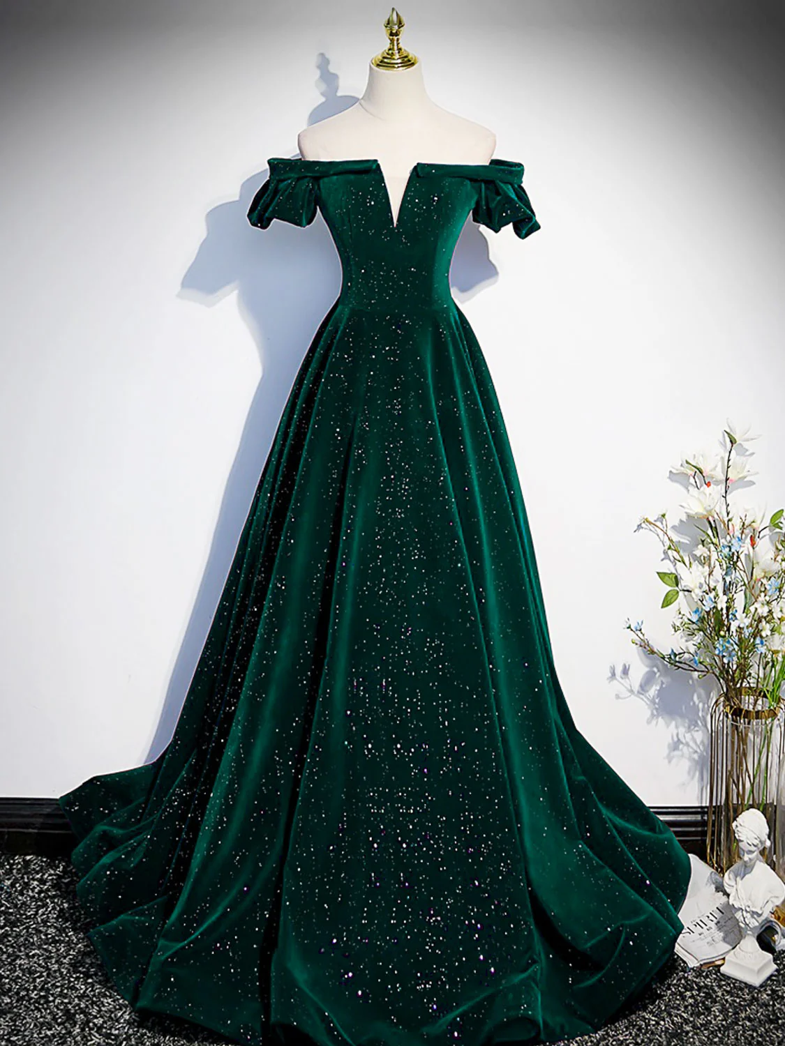 A-Line Off Shoulder Velvet Long Prom Dresses, Green Velvet Graduation Dress - Deanwangkt