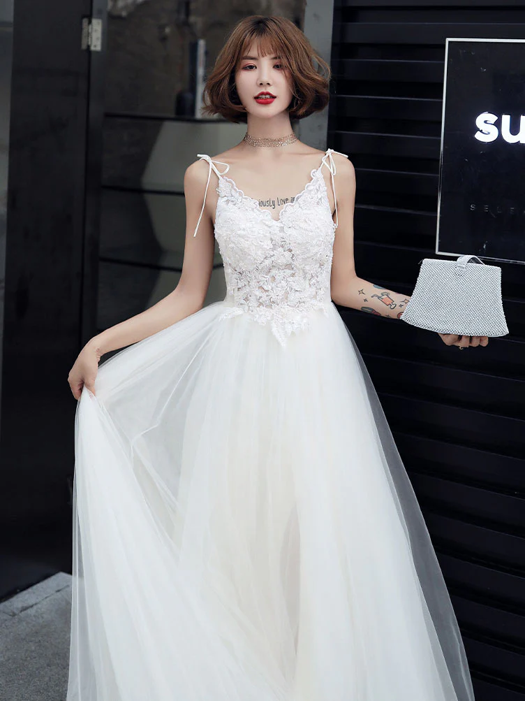 White V Neck Tulle Lace Long Prom Dress, White Evening Dress - Deanwangkt