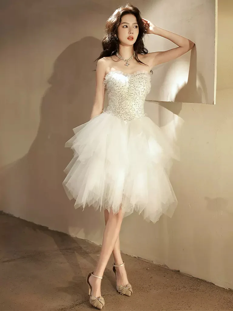 Beige Tulle Sequin Short Prom Dress, Beige Homecoming Dress - Deanwangkt