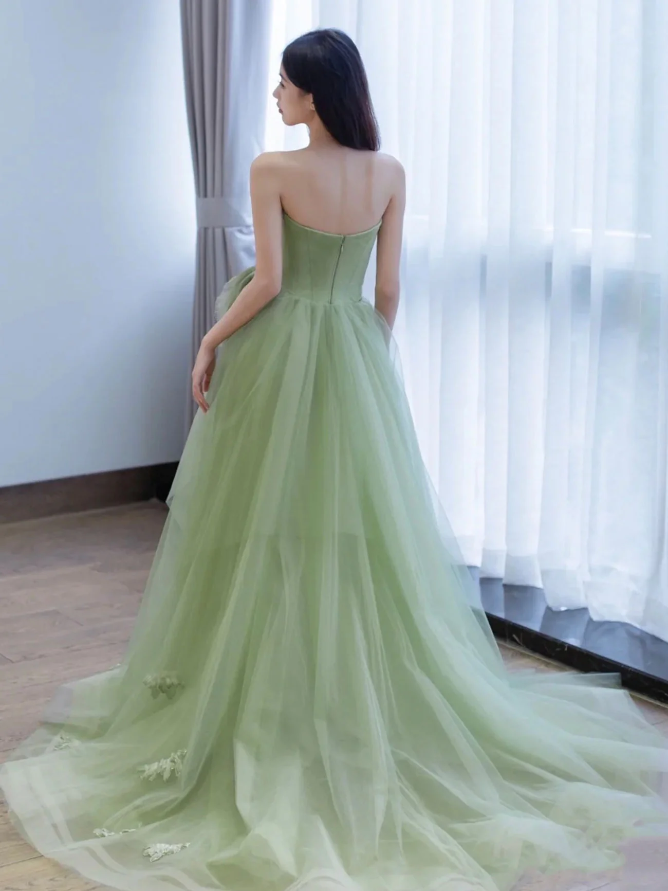 Green A line Tulle Long Prom Dress Green, Tulle Formal Evening Graduation Dresses - Deanwangkt