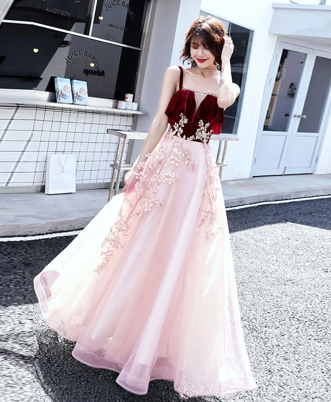 Pink Sweetheart Tulle Lace Long Prom Dress, Pink Evening Dress - Deanwangkt