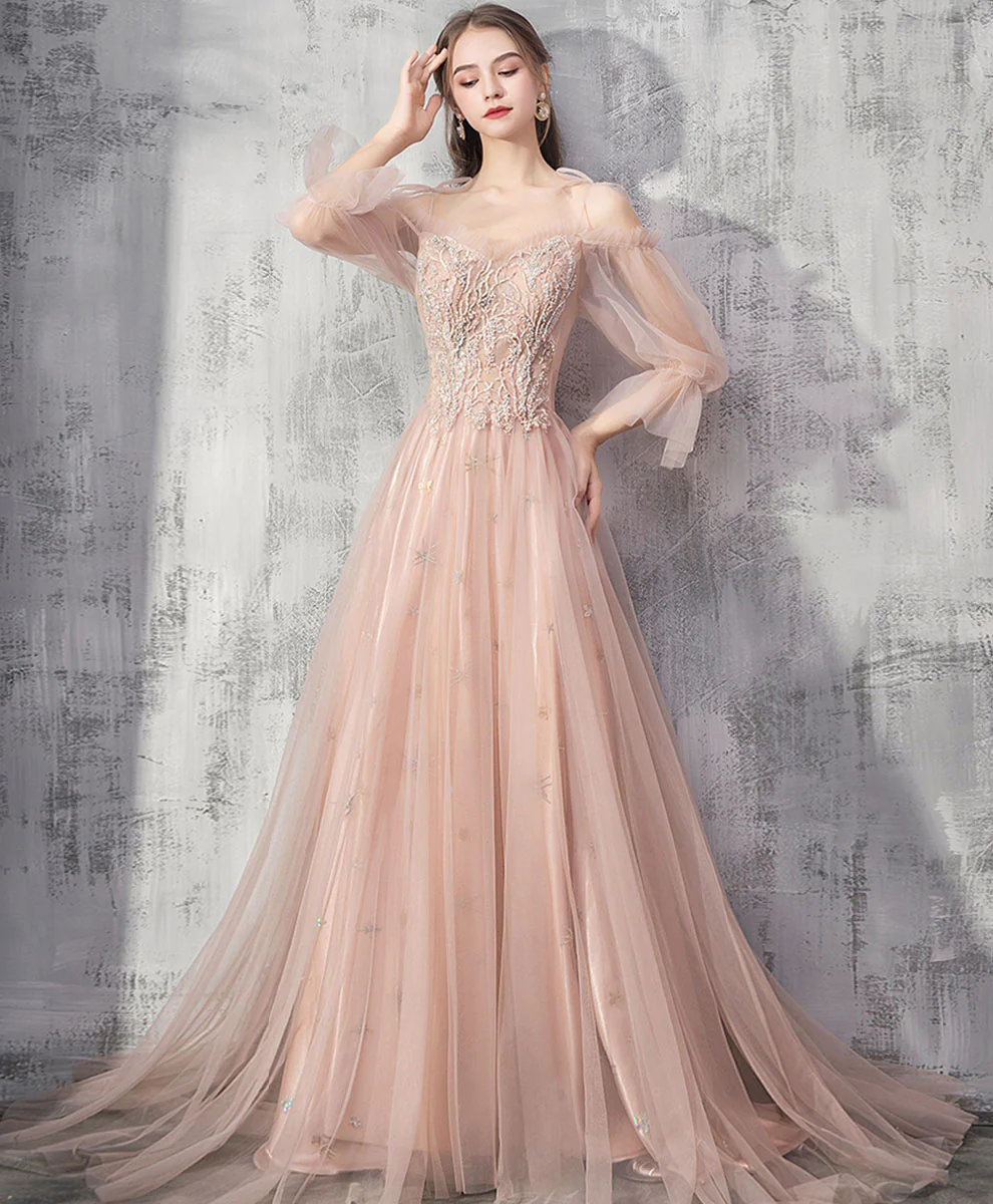 Champagne Tulle Lace Long Prom Dress Champagne Tulle Formal Dress - Deanwangkt