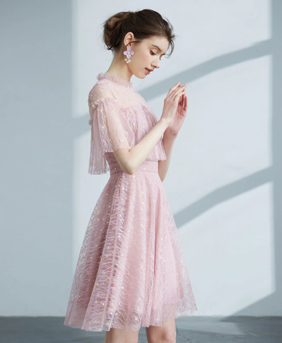 Pink Tulle Lace Short Prom Dress, Pink Homecoming Dress - Deanwangkt